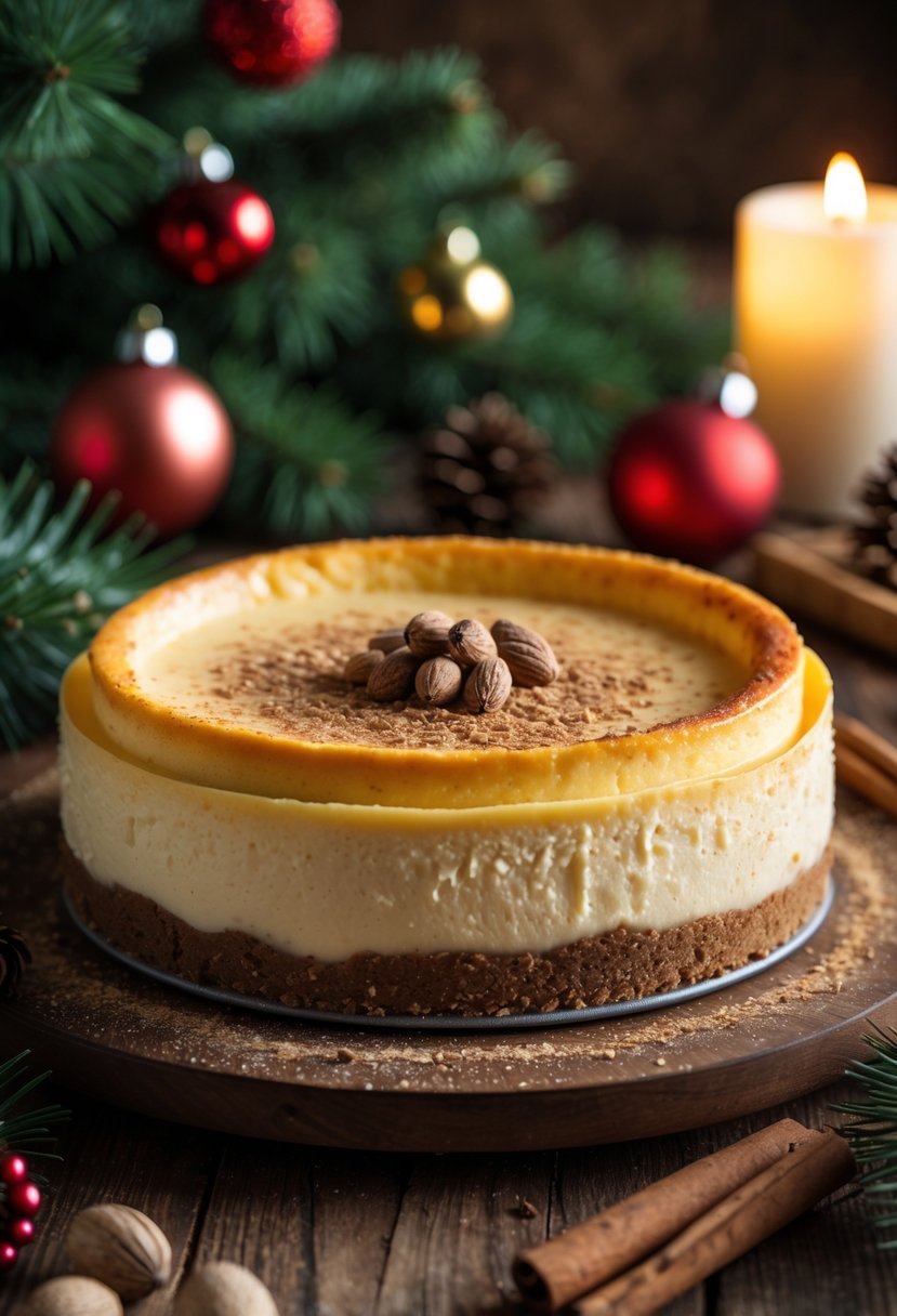 A creamy eggnog cheesecake on a wooden table decorated with Christmas ornaments and spices.