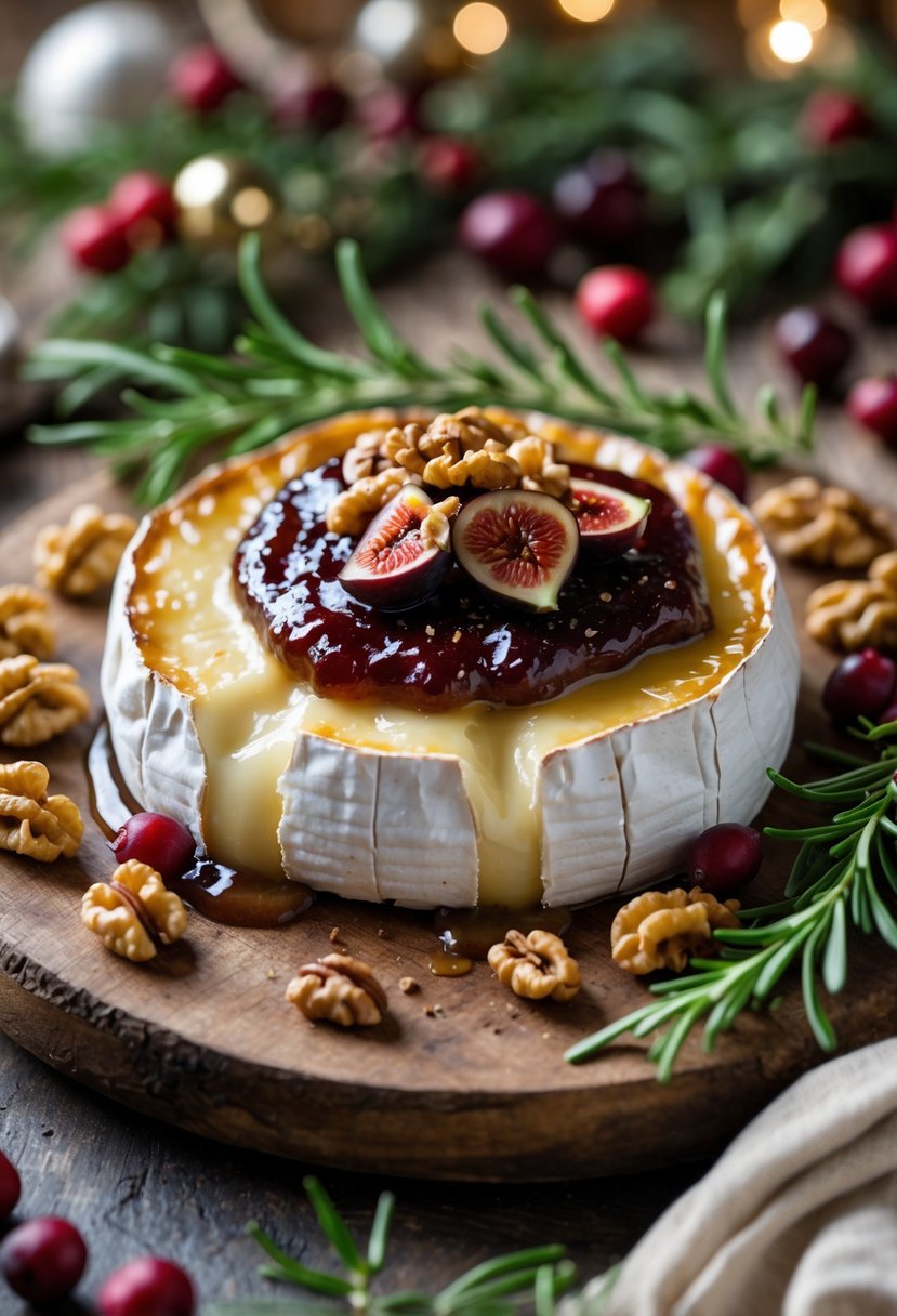 A baked brie topped with fig jam and walnuts on a wooden board surrounded by rosemary and cranberries on a festive table.