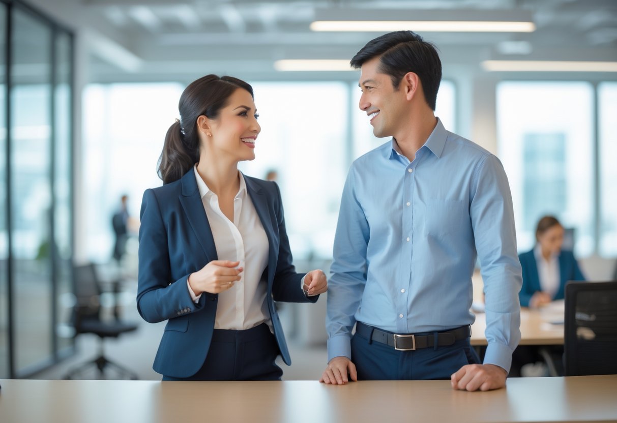 Two colleagues in an office sharing a warm, friendly moment with subtle mutual interest.