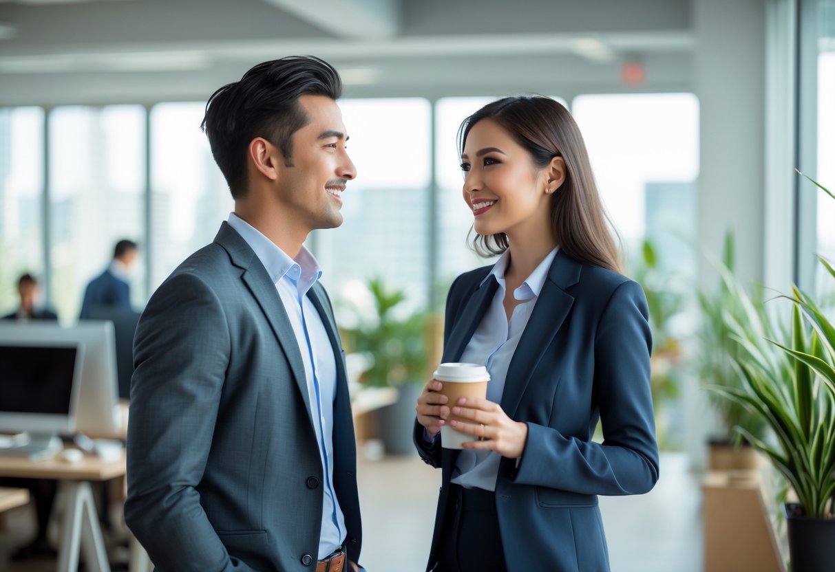 Two young professionals in an office having a warm, friendly conversation near a window, with coworkers working in the background.