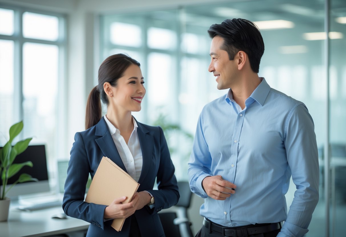 Two colleagues in business attire standing near an office glass partition, smiling and interacting respectfully in a modern office setting.