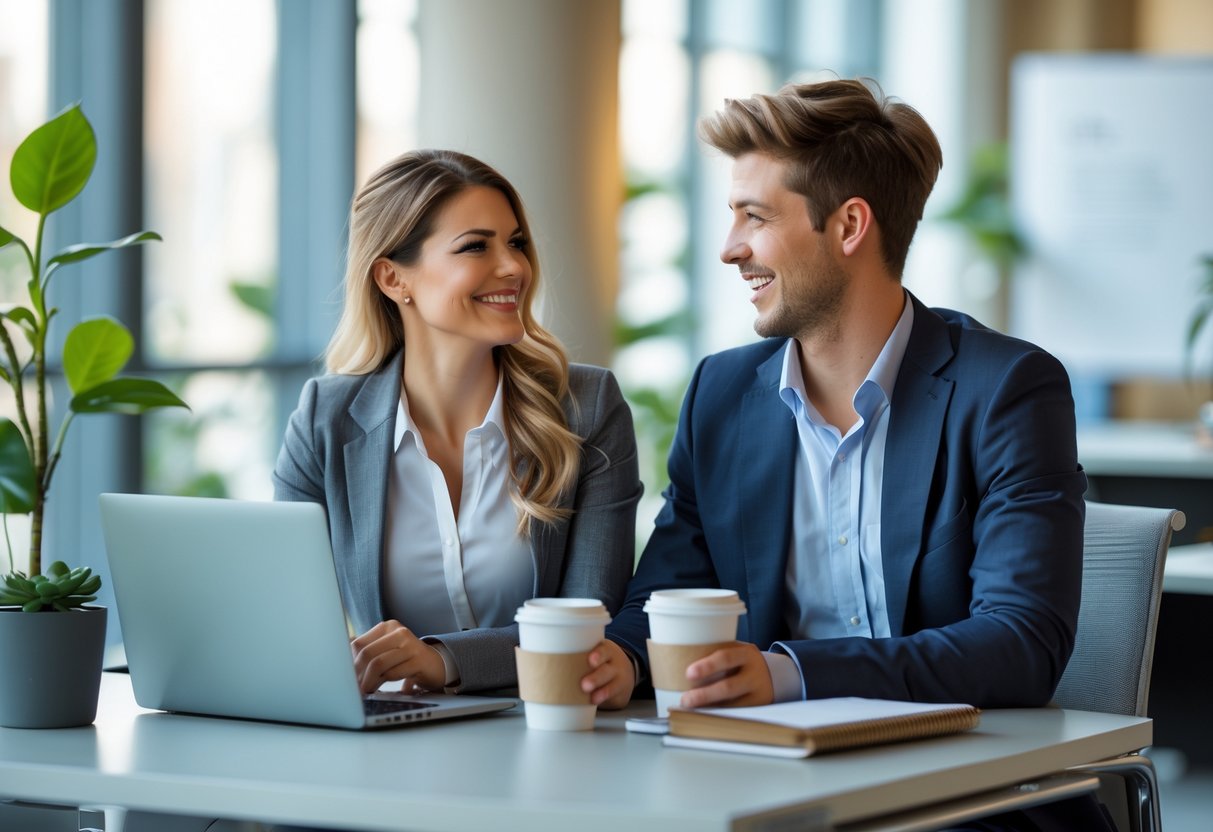 Two young professionals smiling and talking at a desk in a modern office.