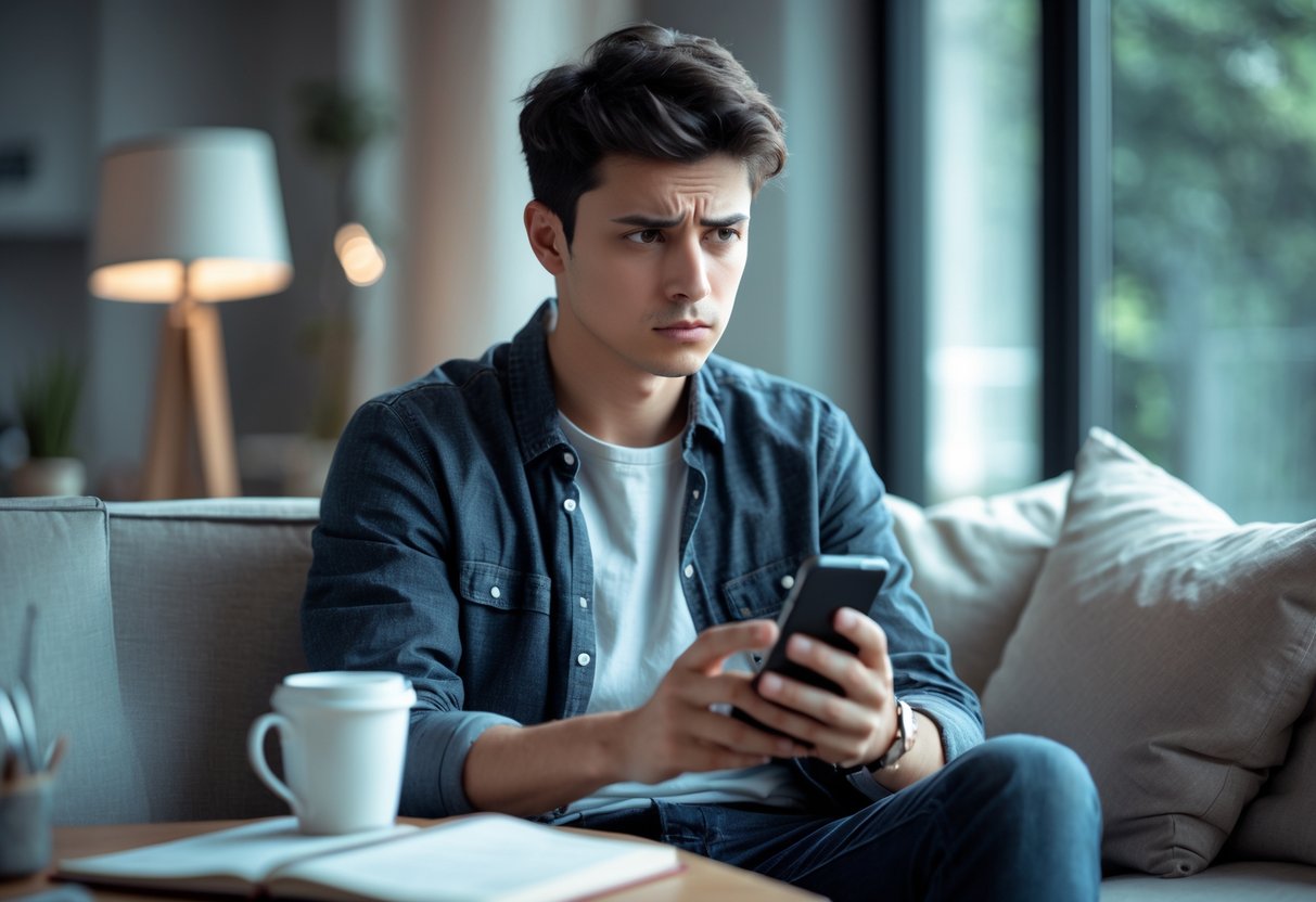 A young adult sitting alone in a cozy room, looking thoughtfully at a smartphone.