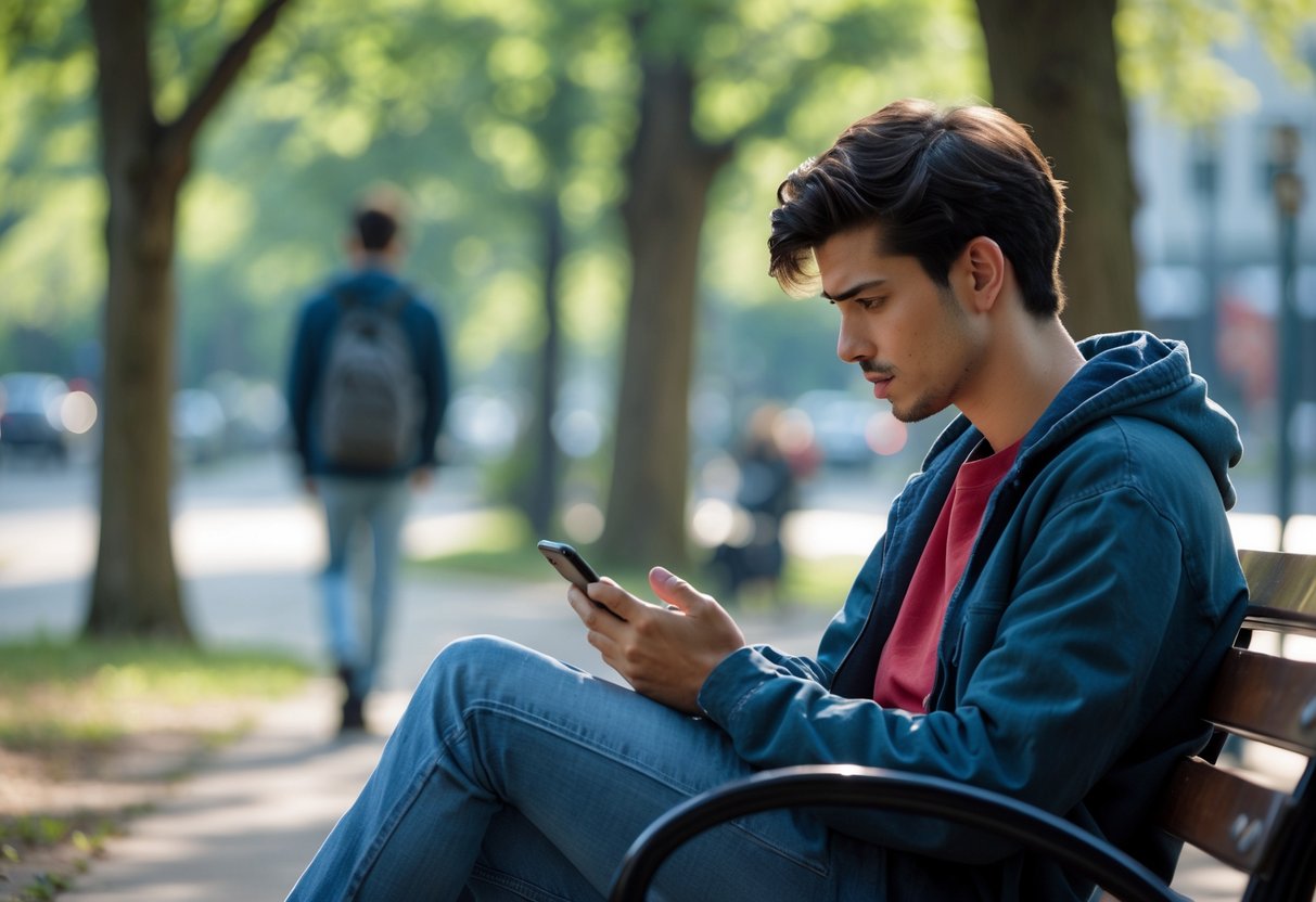A young adult sitting alone on a park bench looking thoughtfully at their smartphone while another person walks away in the background.