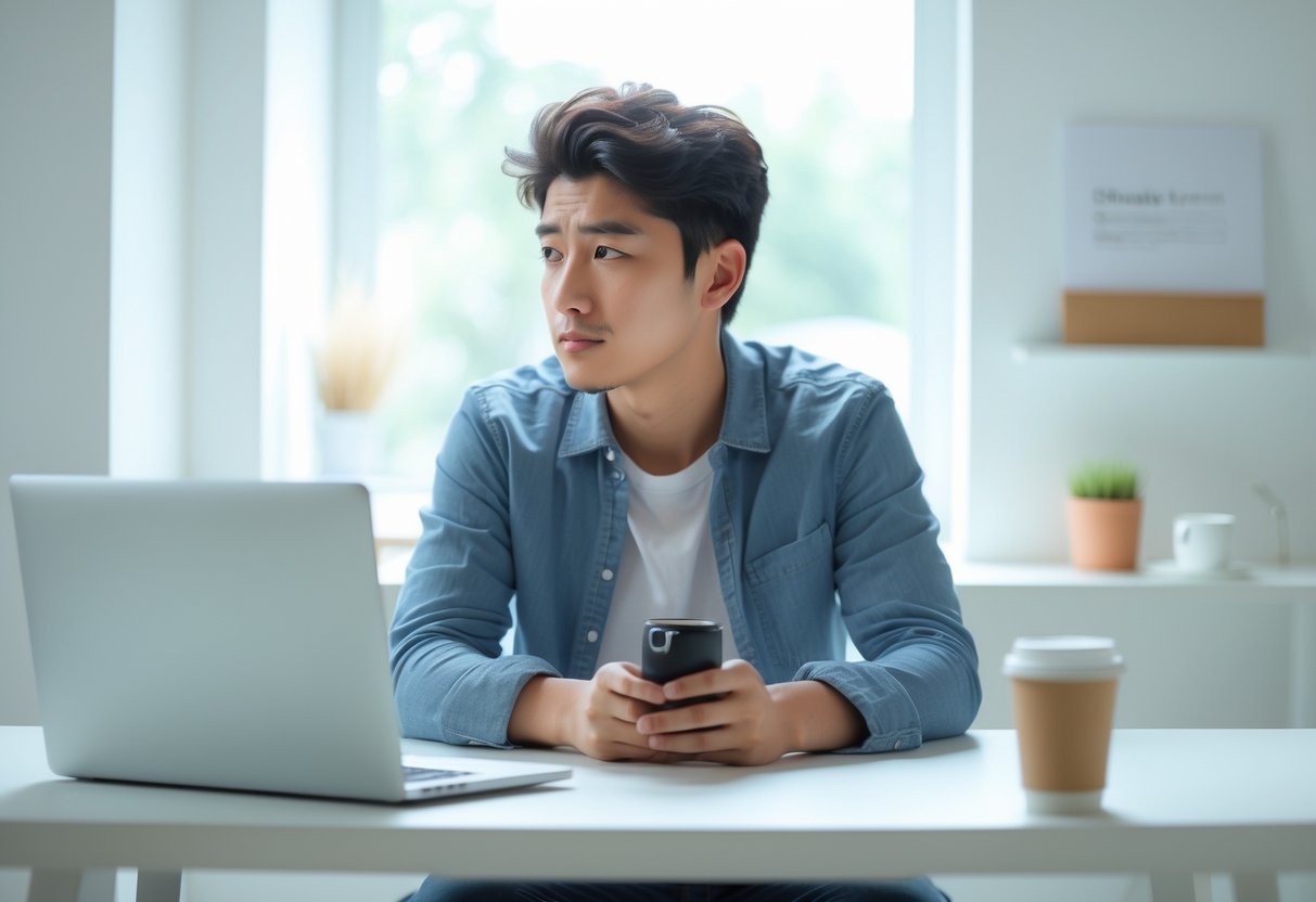 A young adult sitting thoughtfully at a desk with a smartphone in front of them, looking reflective and calm in a bright room.