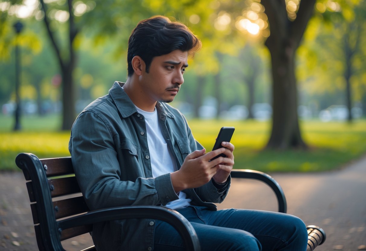 A young adult sitting alone on a park bench, looking thoughtfully at their smartphone.