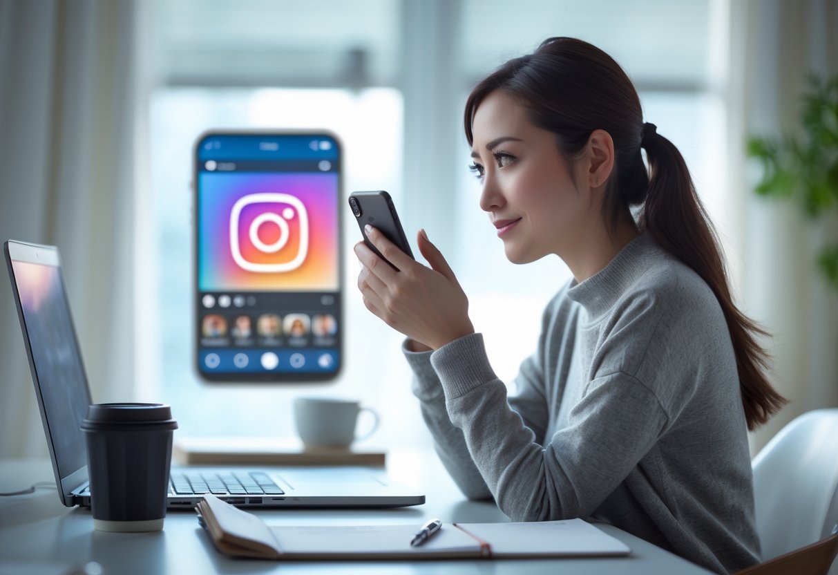 A young woman sitting at a desk looking thoughtfully at her smartphone with a slight smile, with a blurred Instagram profile on a computer screen in the background.