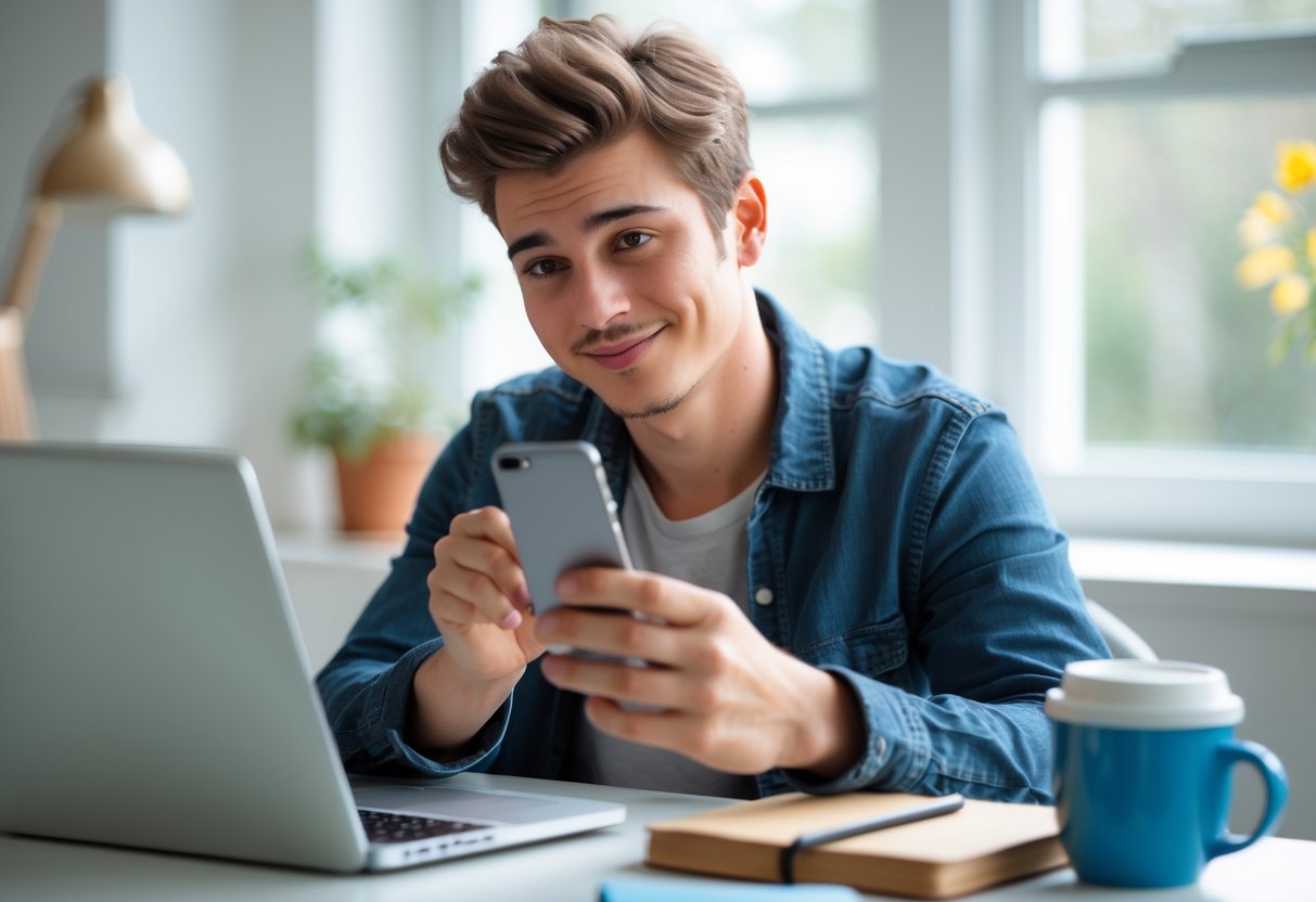 A young adult sitting at a desk, looking thoughtfully at their smartphone in a bright room with a laptop and coffee nearby.