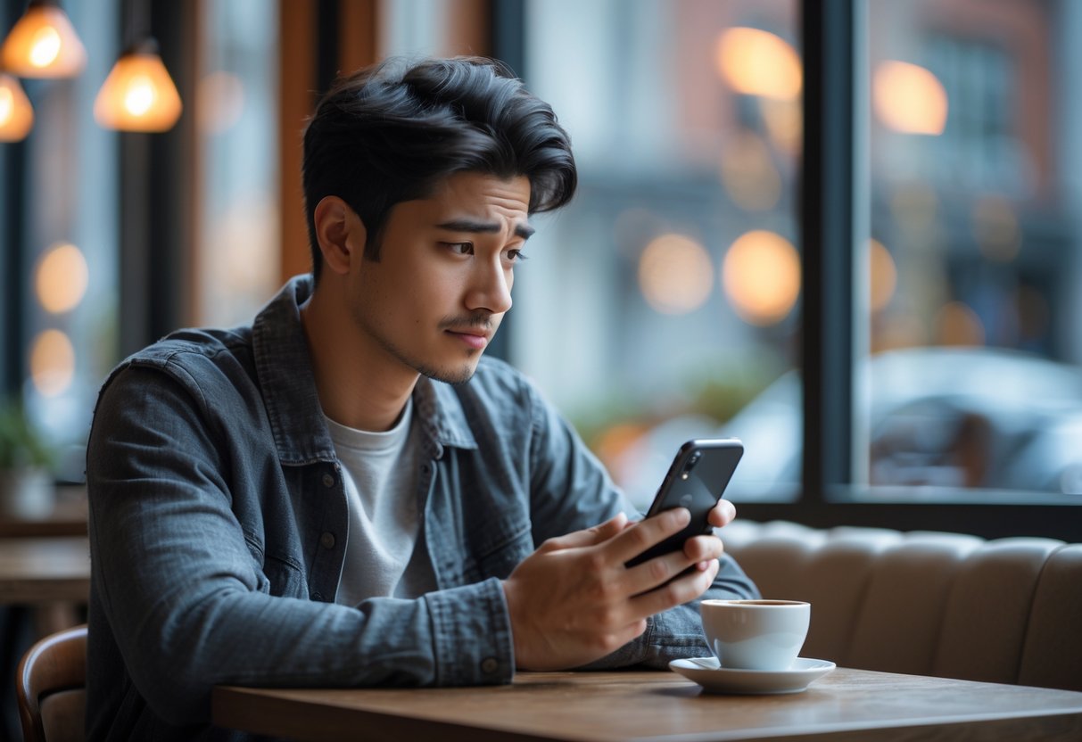 A young adult sitting alone at a café table, looking thoughtfully at their smartphone.
