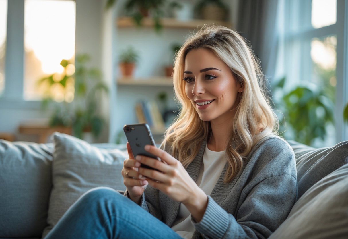 A young woman sitting in a living room, smiling while looking at her smartphone.