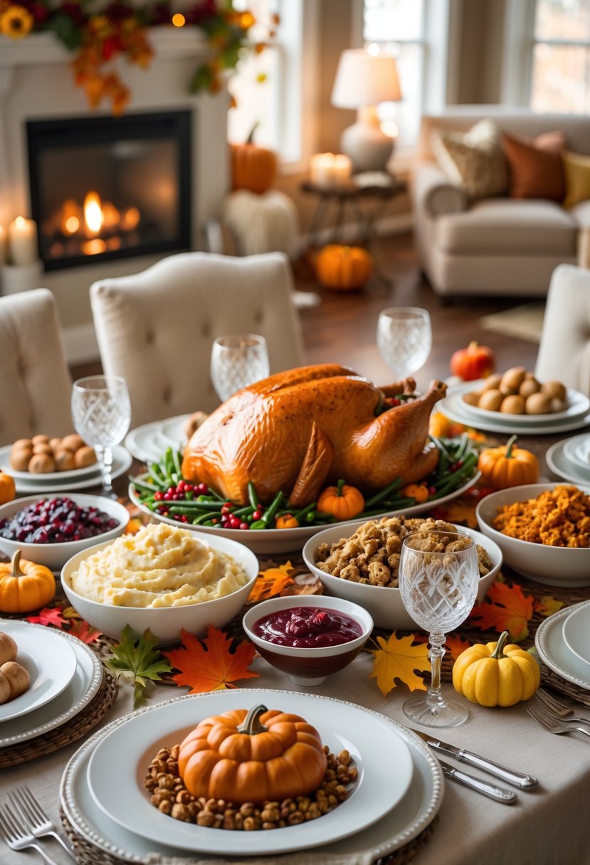 A Thanksgiving dinner table set with a roasted turkey, side dishes, and autumn decorations indoors.