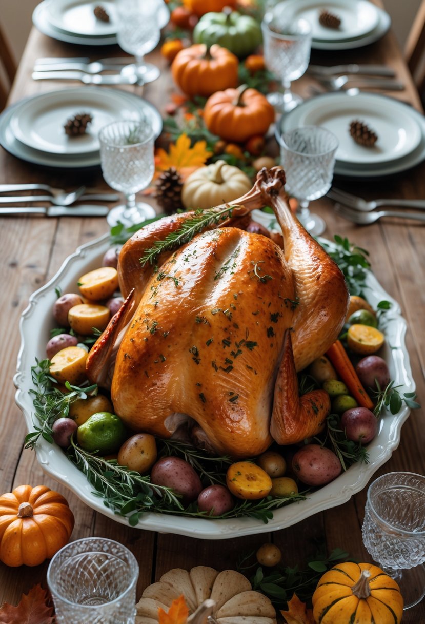 A roasted whole turkey garnished with herbs on a dining table set with plates, silverware, vegetables, and autumn decorations.