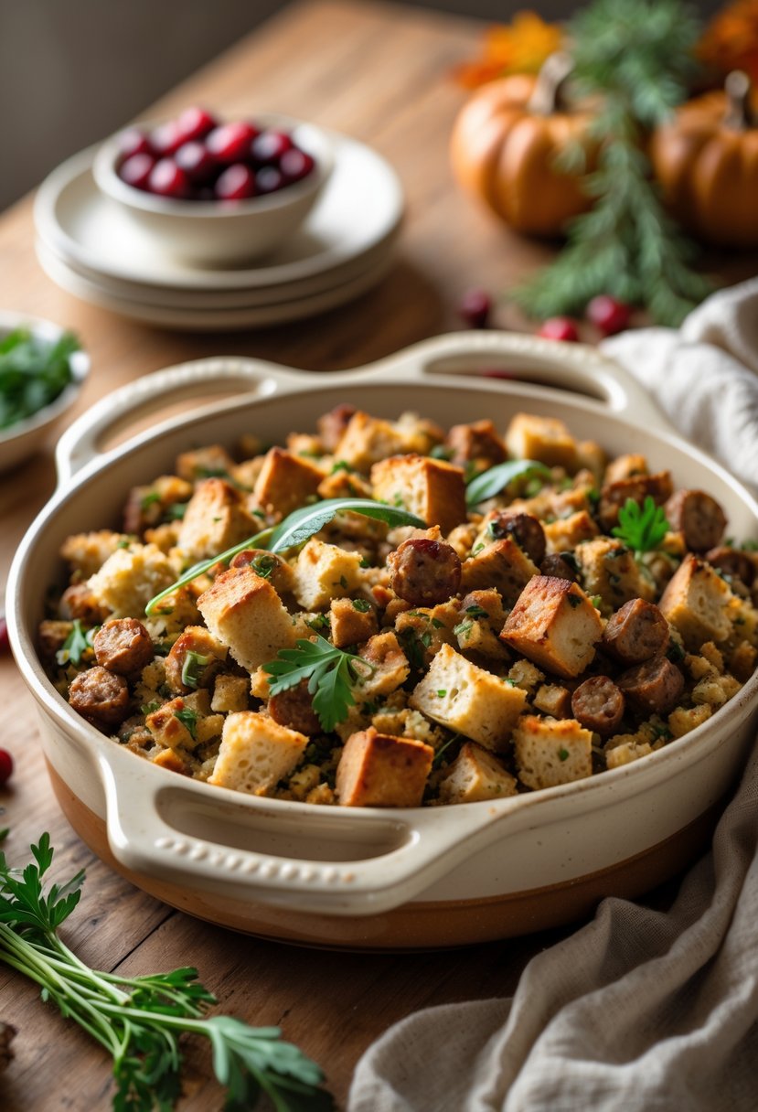 A baked dish of sausage and herb stuffing with golden brown crust on a wooden table surrounded by fresh herbs and autumn decorations.