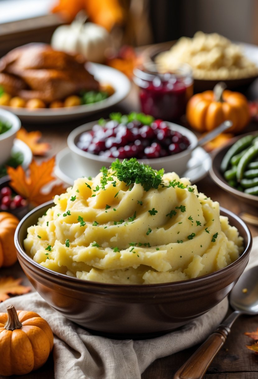 A bowl of creamy garlic mashed potatoes garnished with parsley on a wooden table surrounded by Thanksgiving dishes and autumn decorations.