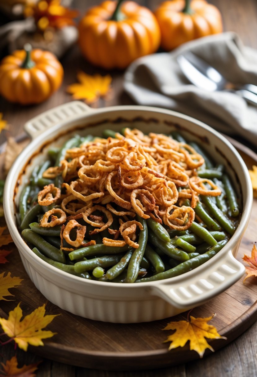 A green bean casserole topped with crispy fried onions in a ceramic dish on a wooden table with autumn decorations.