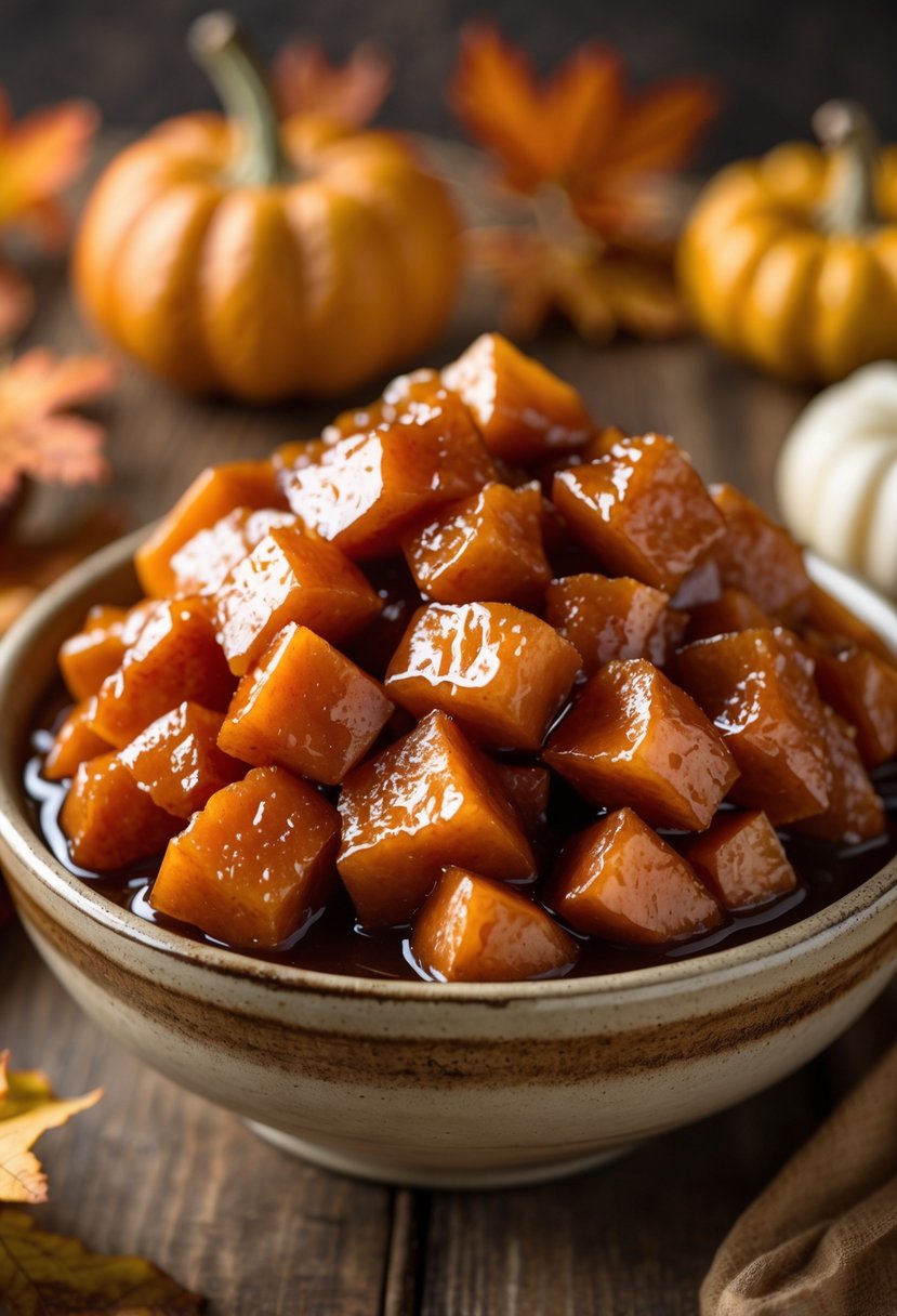 A bowl of candied yams coated in brown sugar glaze on a wooden table with autumn decorations in the background.
