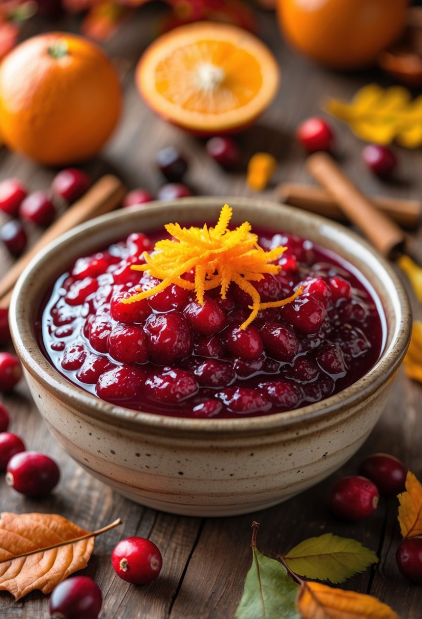A bowl of cranberry sauce topped with orange zest on a wooden table surrounded by fresh cranberries, orange slices, cinnamon sticks, and autumn leaves.