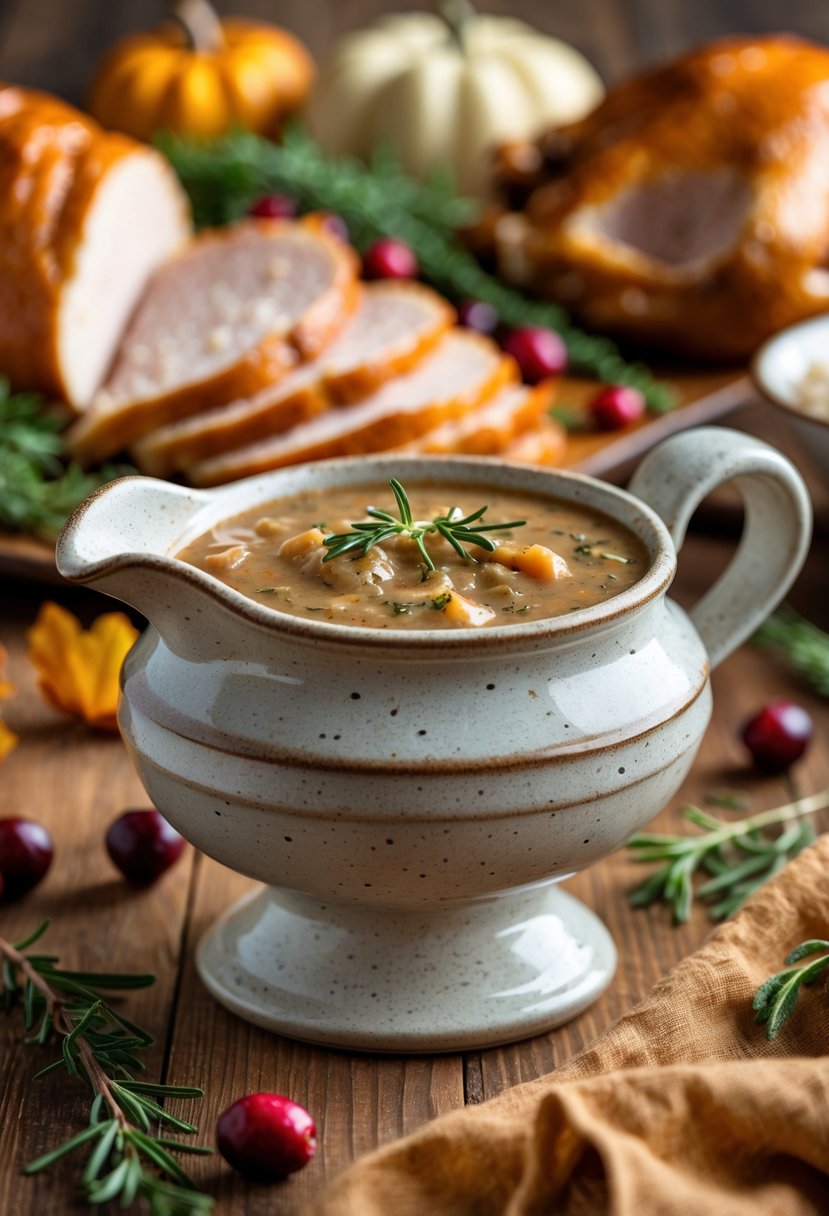 A ceramic gravy boat filled with homemade turkey gravy on a wooden table surrounded by roasted turkey slices, herbs, and cranberries.