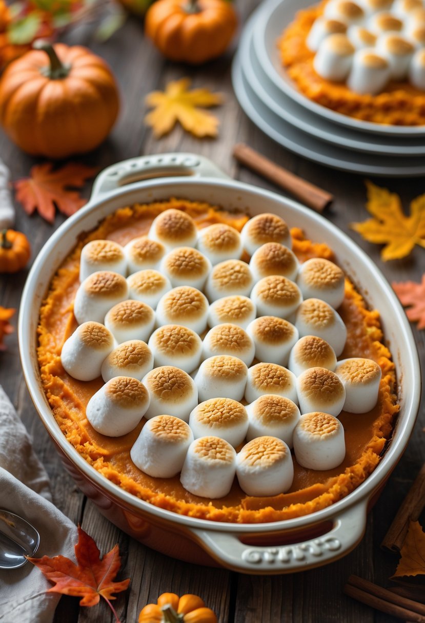 A sweet potato casserole topped with toasted marshmallows on a wooden table with autumn decorations.