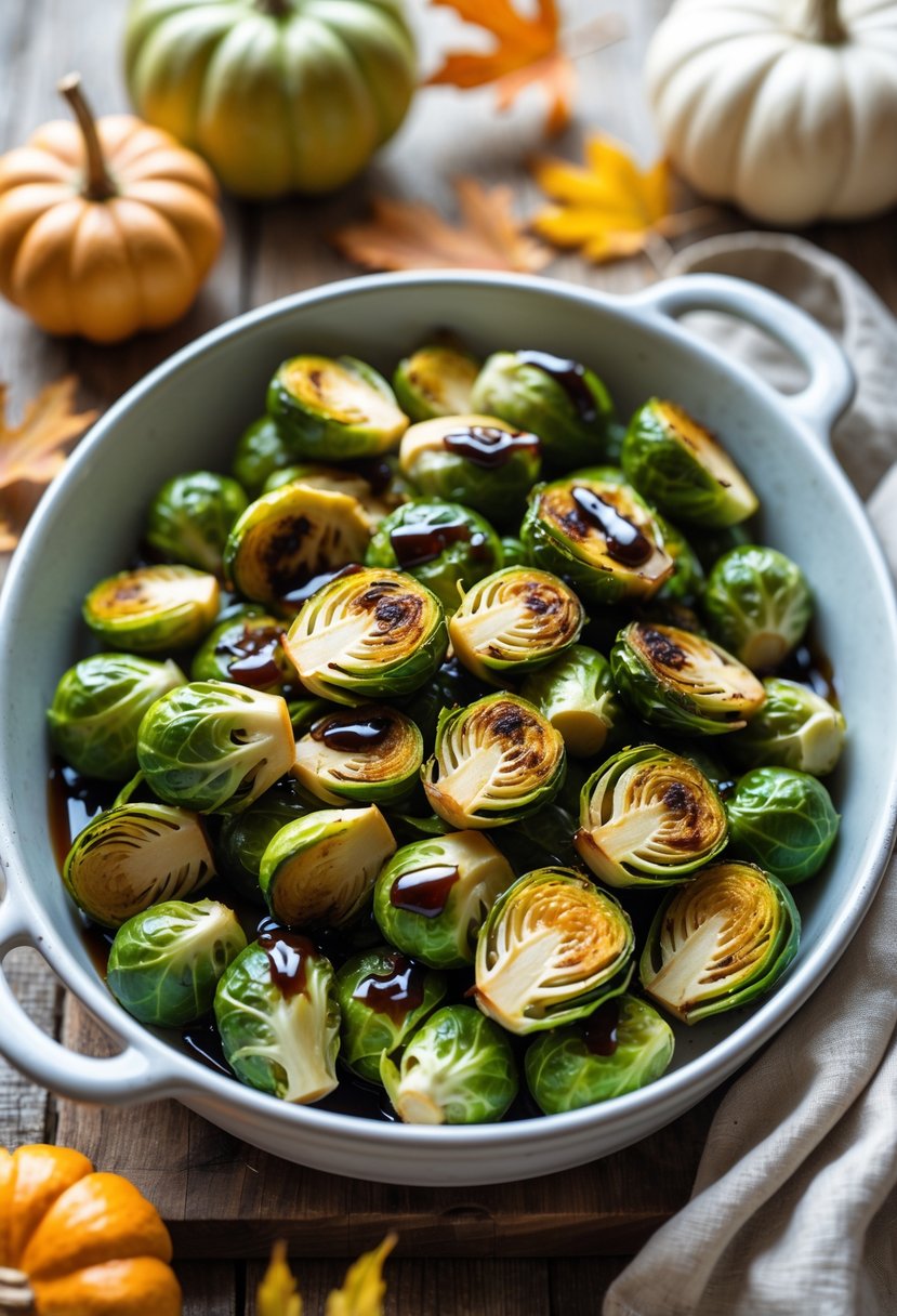 A dish of roasted Brussels sprouts drizzled with balsamic glaze on a wooden table with autumn decorations.