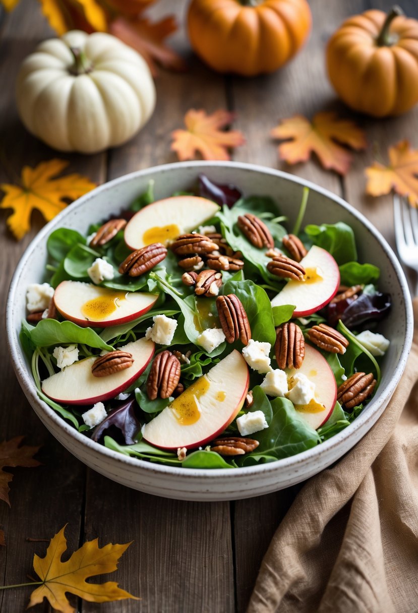 A bowl of apple and pecan salad with leafy greens, sliced apples, pecans, and cheese on a wooden table with autumn decorations.