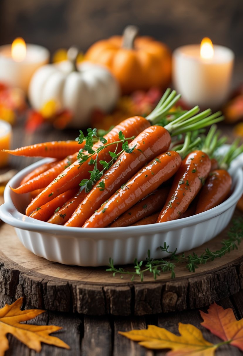 A serving dish of glossy maple-glazed carrots garnished with herbs on a wooden table with autumn decorations in the background.