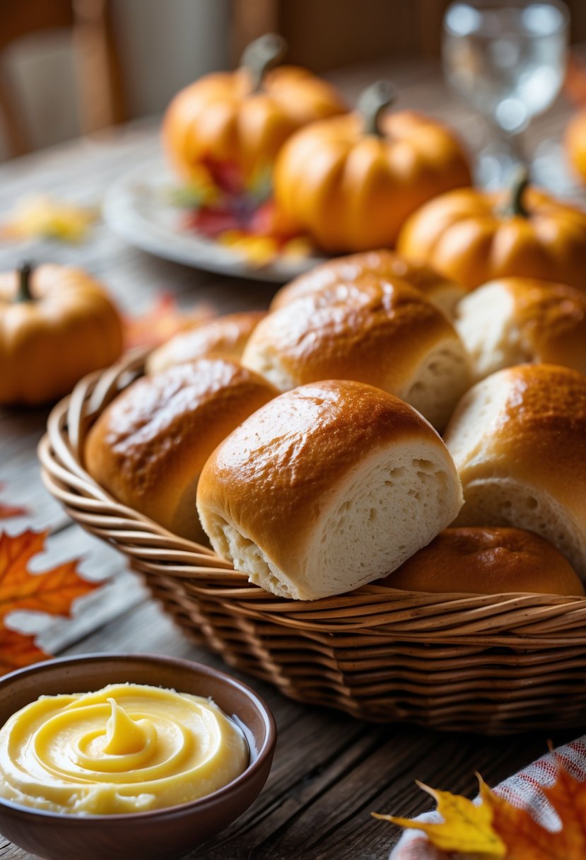 A basket of warm dinner rolls with a dish of honey butter on a wooden table decorated with autumn leaves and small pumpkins.