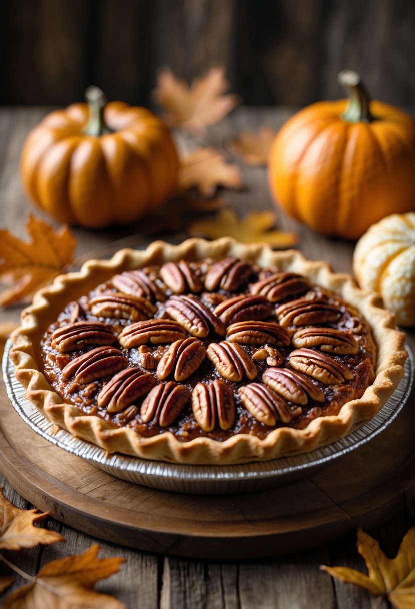 A freshly baked bourbon pecan pie on a wooden table with autumn decorations around it.