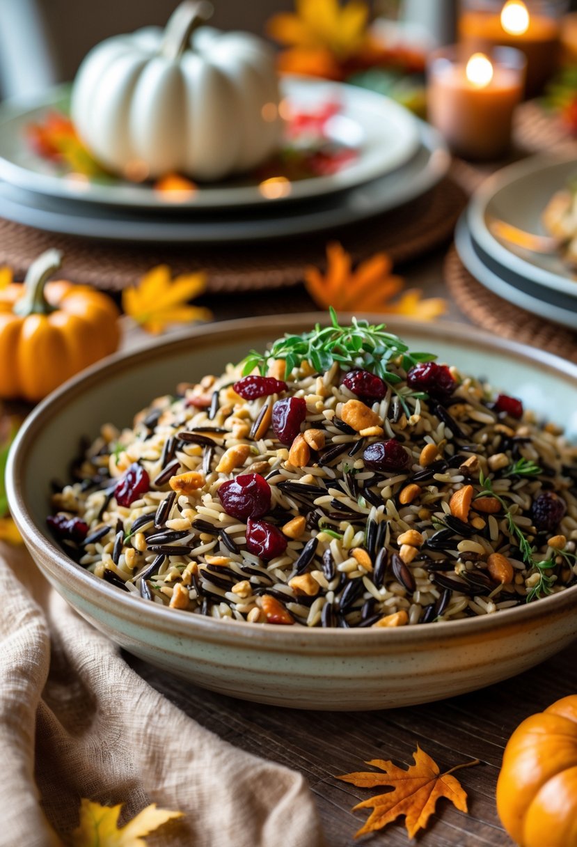 A bowl of wild rice pilaf with nuts and cranberries on a wooden table surrounded by autumn decorations.