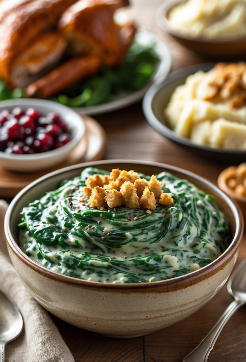 A bowl of creamy creamed spinach on a wooden table with other Thanksgiving dishes in the background.