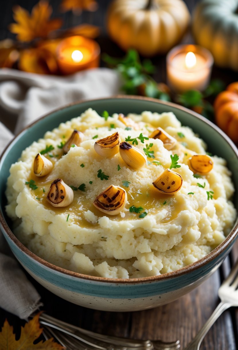 A bowl of roasted garlic and parmesan mashed cauliflower garnished with parsley on a wooden table with autumn decorations in the background.