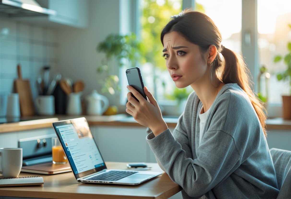 A young woman sitting at a kitchen table looking thoughtfully at her smartphone with a laptop open in front of her.
