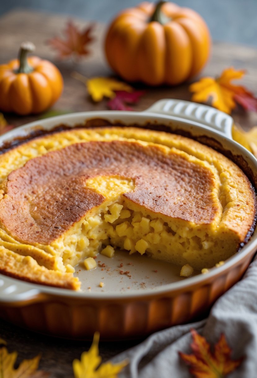 A golden-brown corn pudding in a ceramic dish on a wooden table with autumn decorations around it.