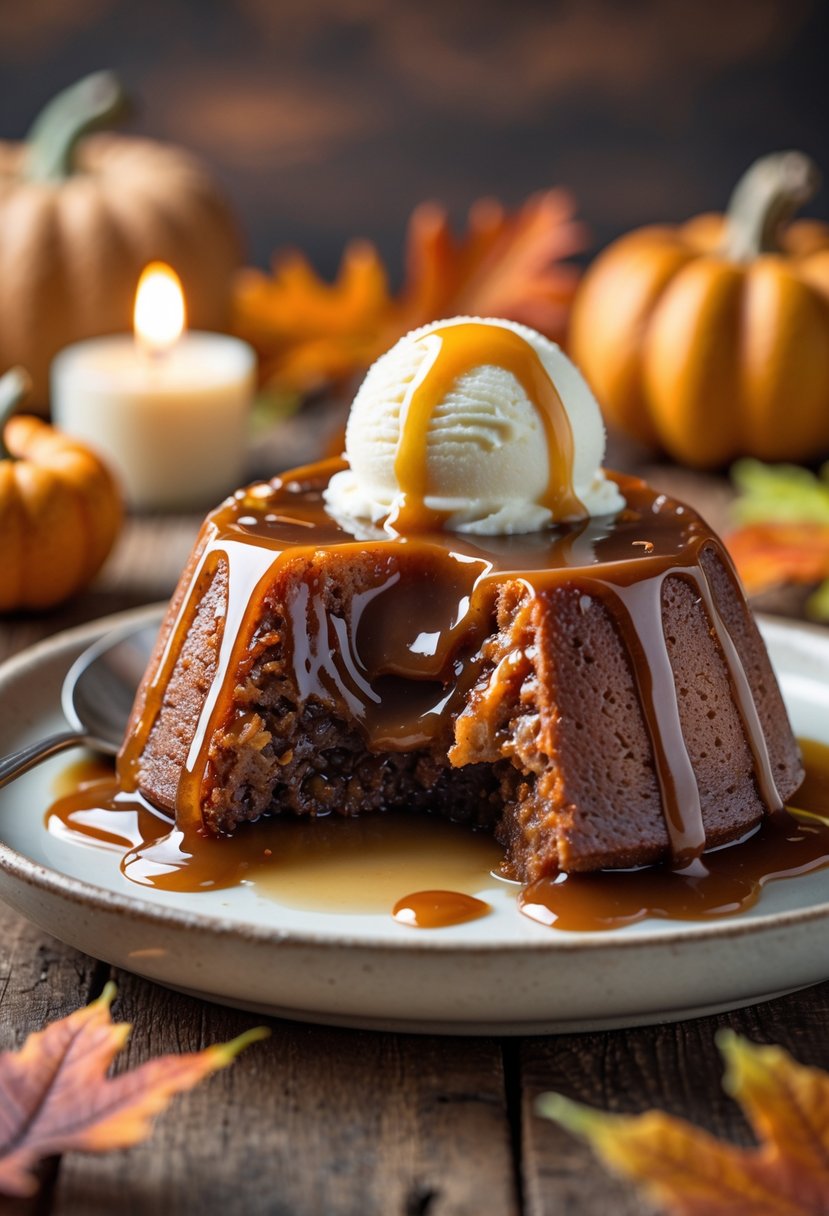 A plate of sticky toffee pudding topped with toffee sauce and cream on a wooden table with autumn decorations.