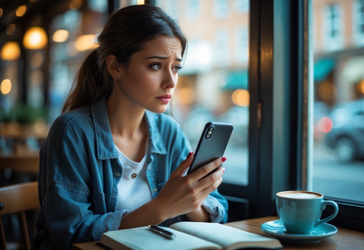 A young woman sitting alone at a cafe table, looking thoughtfully at her smartphone with a concerned expression.