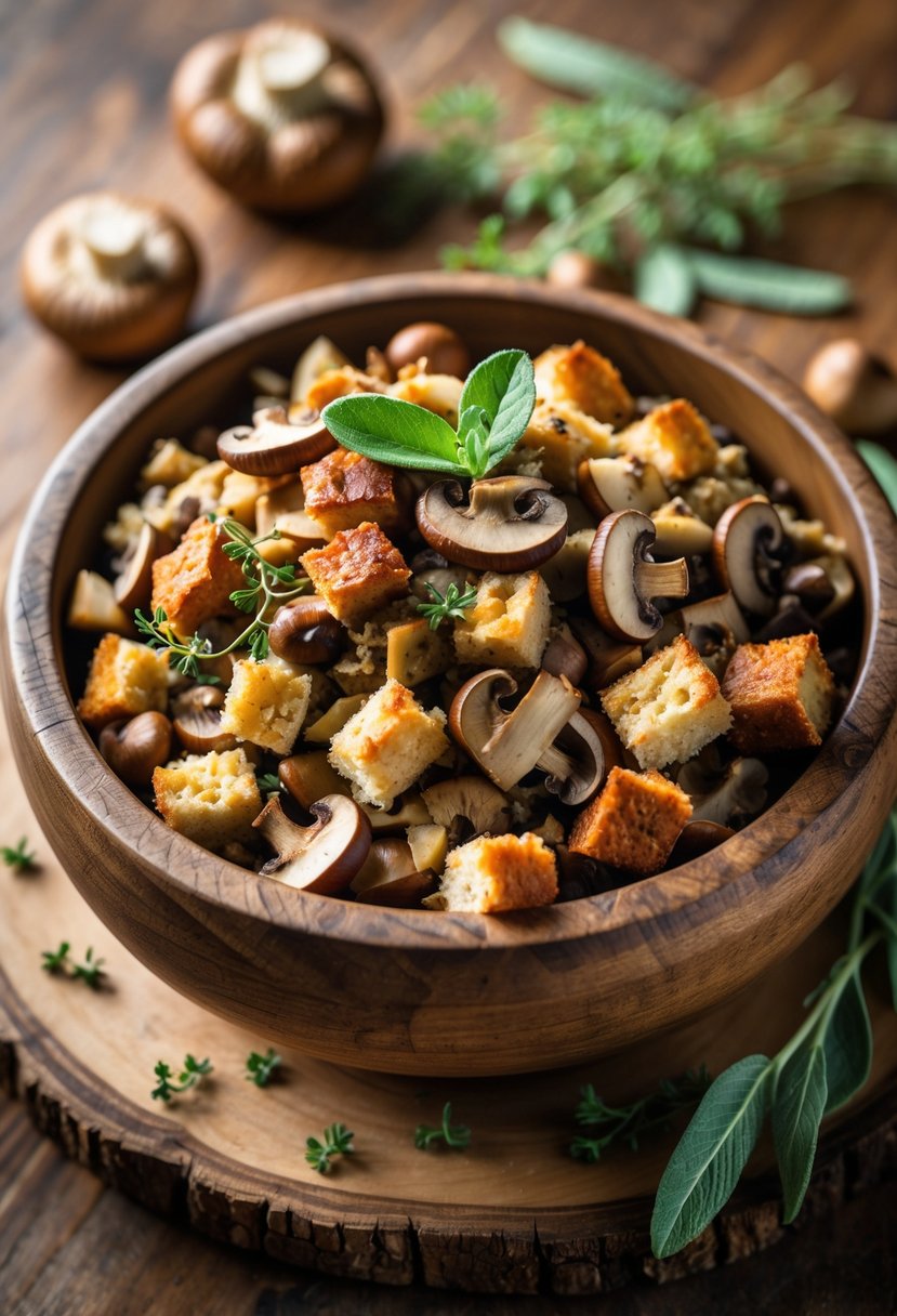A bowl of chestnut and mushroom stuffing on a wooden table with herbs and chestnuts around it.