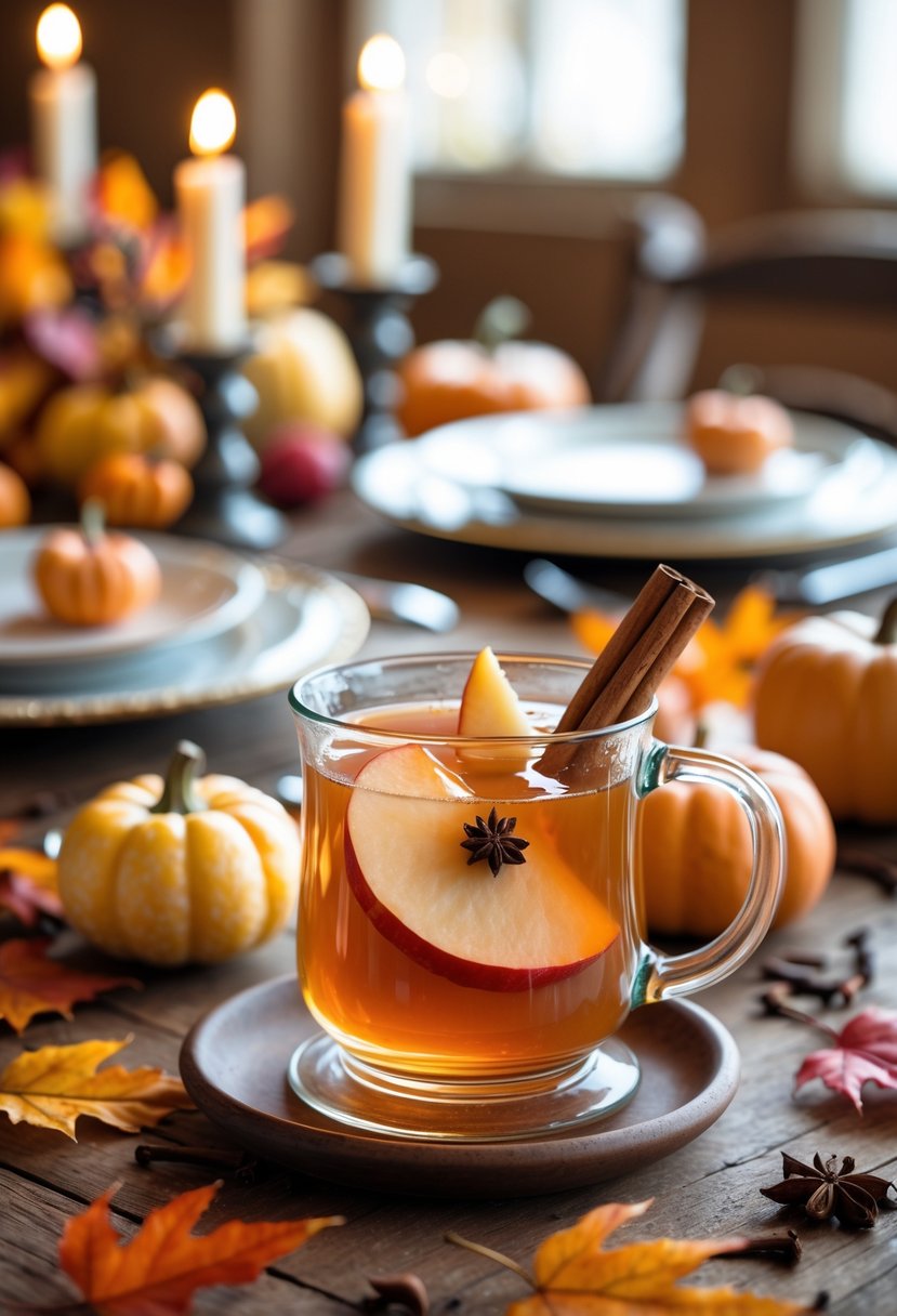 A glass of steaming spiced apple cider with cinnamon and apple slice on a wooden table decorated with pumpkins and fall leaves.