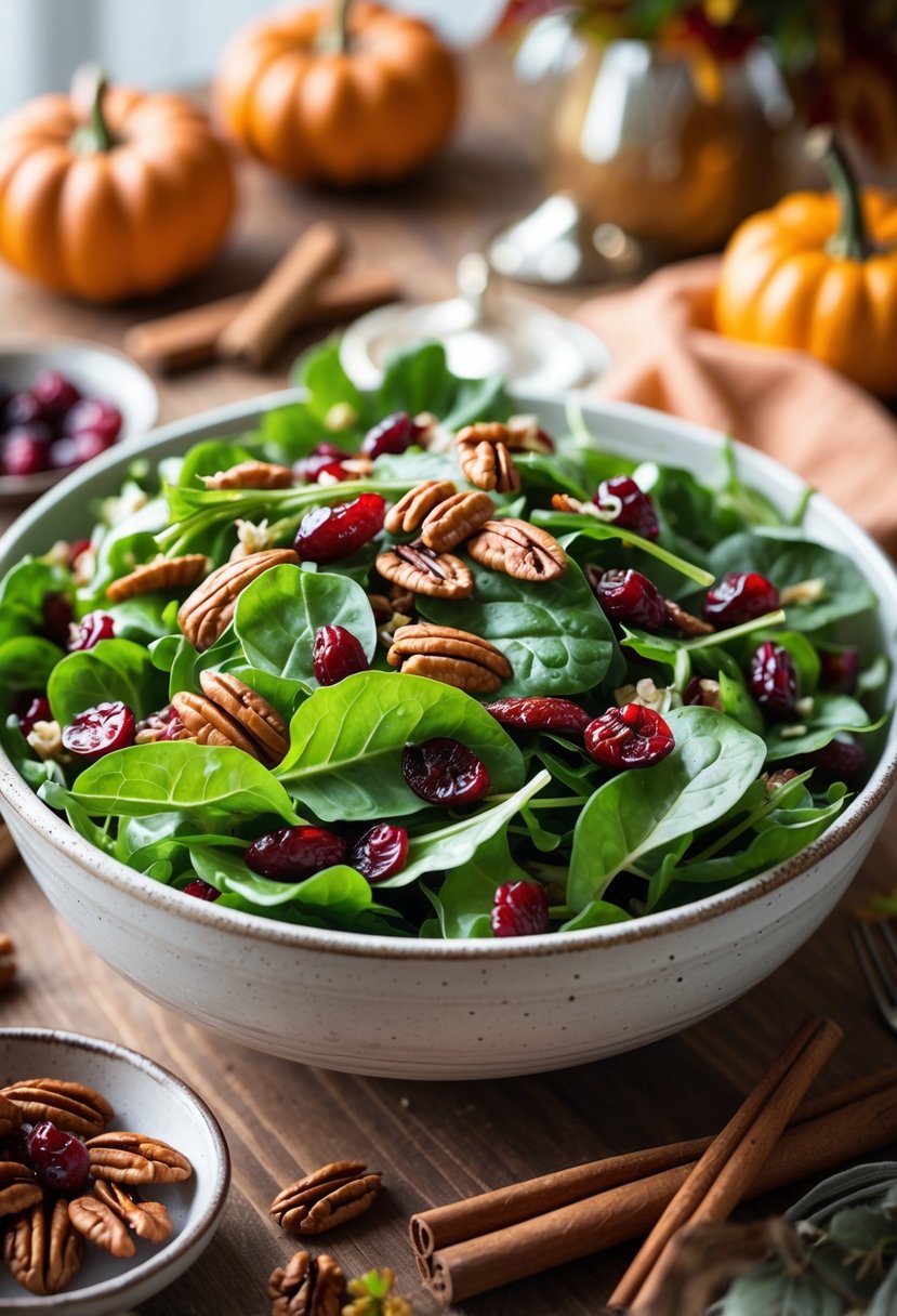 A bowl of green salad with dried cranberries and pecans on a wooden table with autumn decorations.