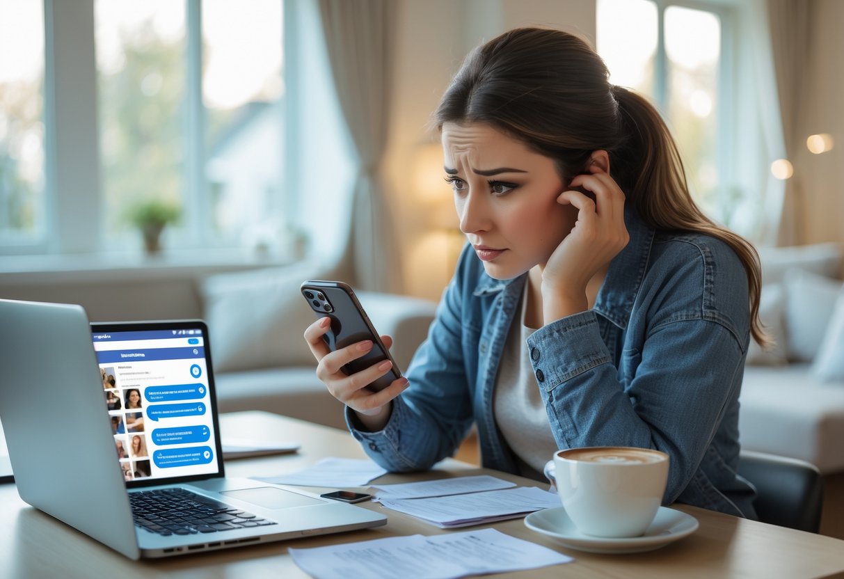 A young woman sitting at a desk looking thoughtfully at her smartphone with notes and a laptop nearby in a bright living room.