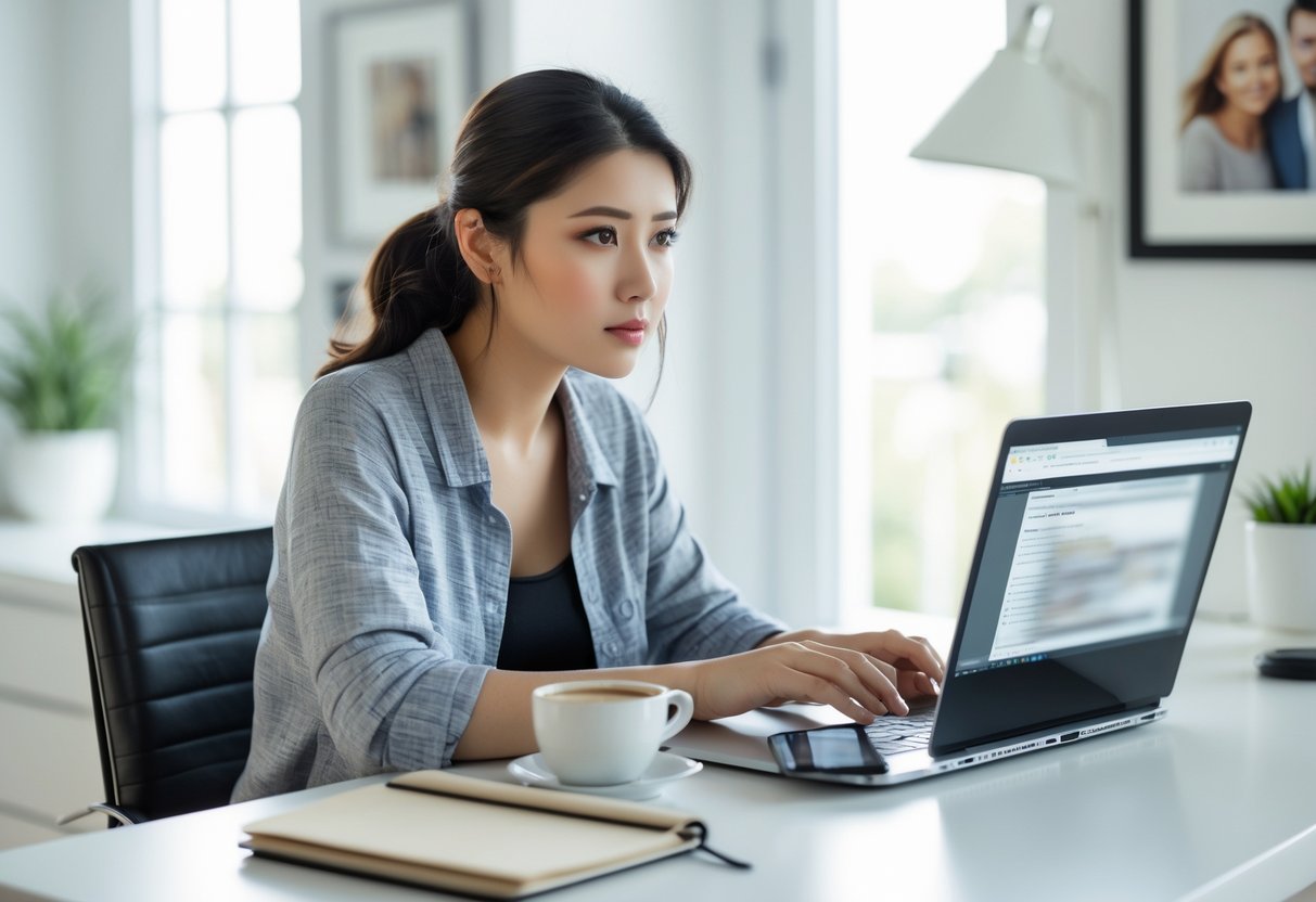 A young woman sitting at a desk using a laptop and smartphone, looking thoughtful and focused in a home office.