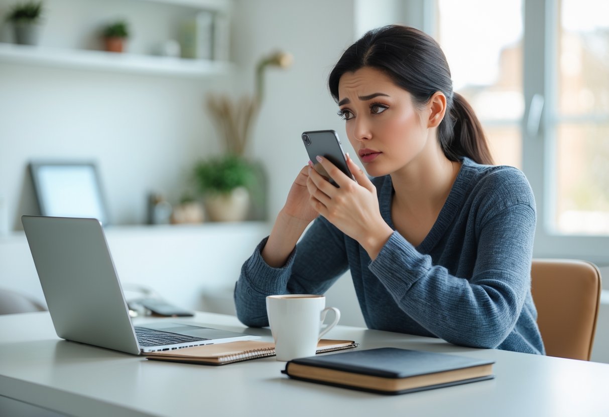A young woman sitting at a desk looking thoughtfully at her smartphone in a bright home office.