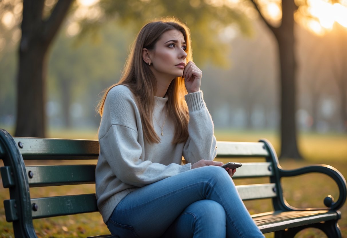 A young woman sitting alone on a park bench, looking thoughtful and holding a smartphone.