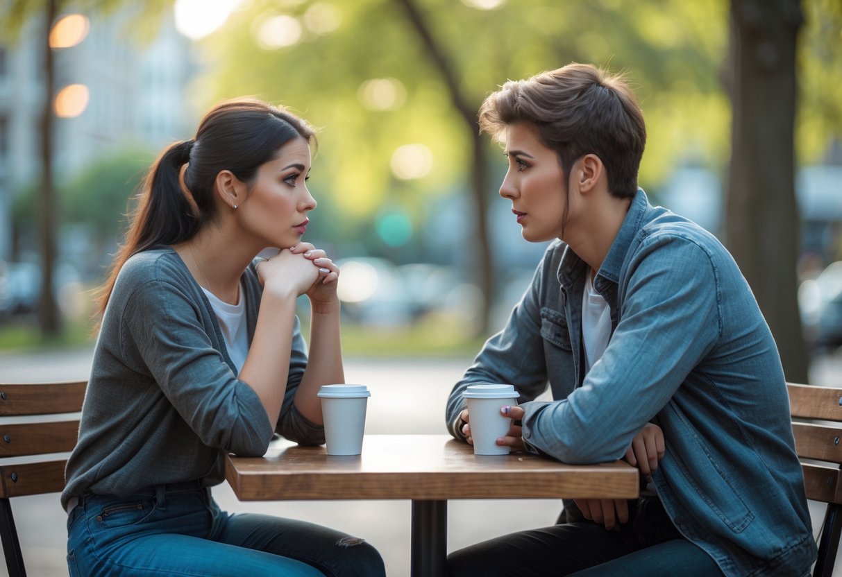 A young woman and a young man sitting across from each other at a cafe table outdoors, having a serious conversation.