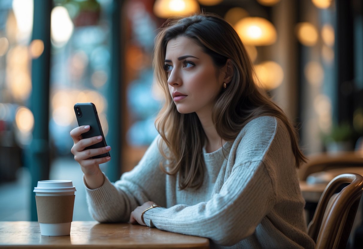 A young woman sitting alone at a café table, holding a smartphone and a cup of coffee, looking thoughtful.