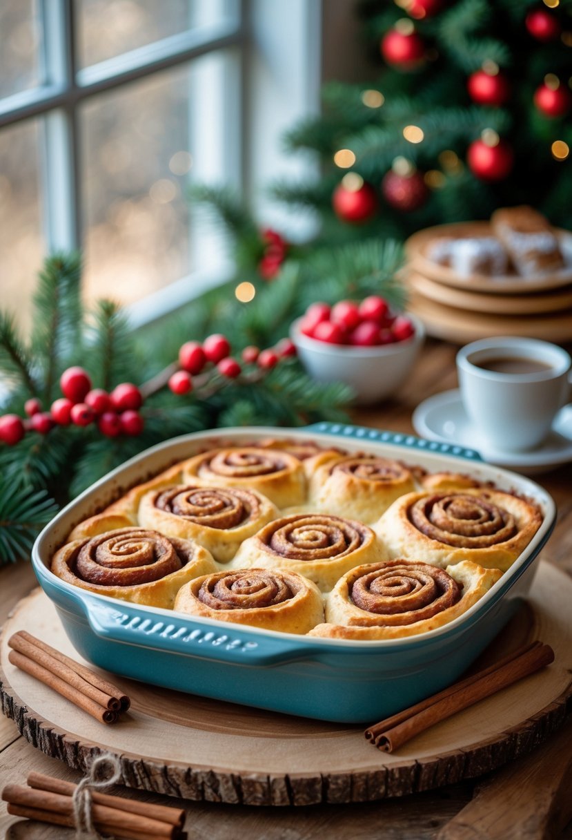 A cinnamon roll breakfast casserole on a wooden table with Christmas decorations and holiday breakfast items in the background.