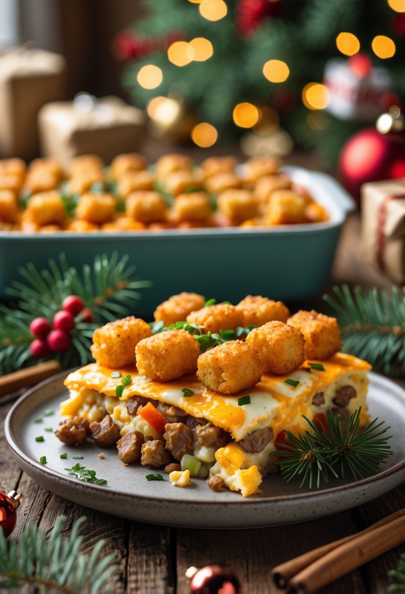 A golden brown tater tot breakfast casserole on a wooden table decorated with Christmas greenery and ornaments.