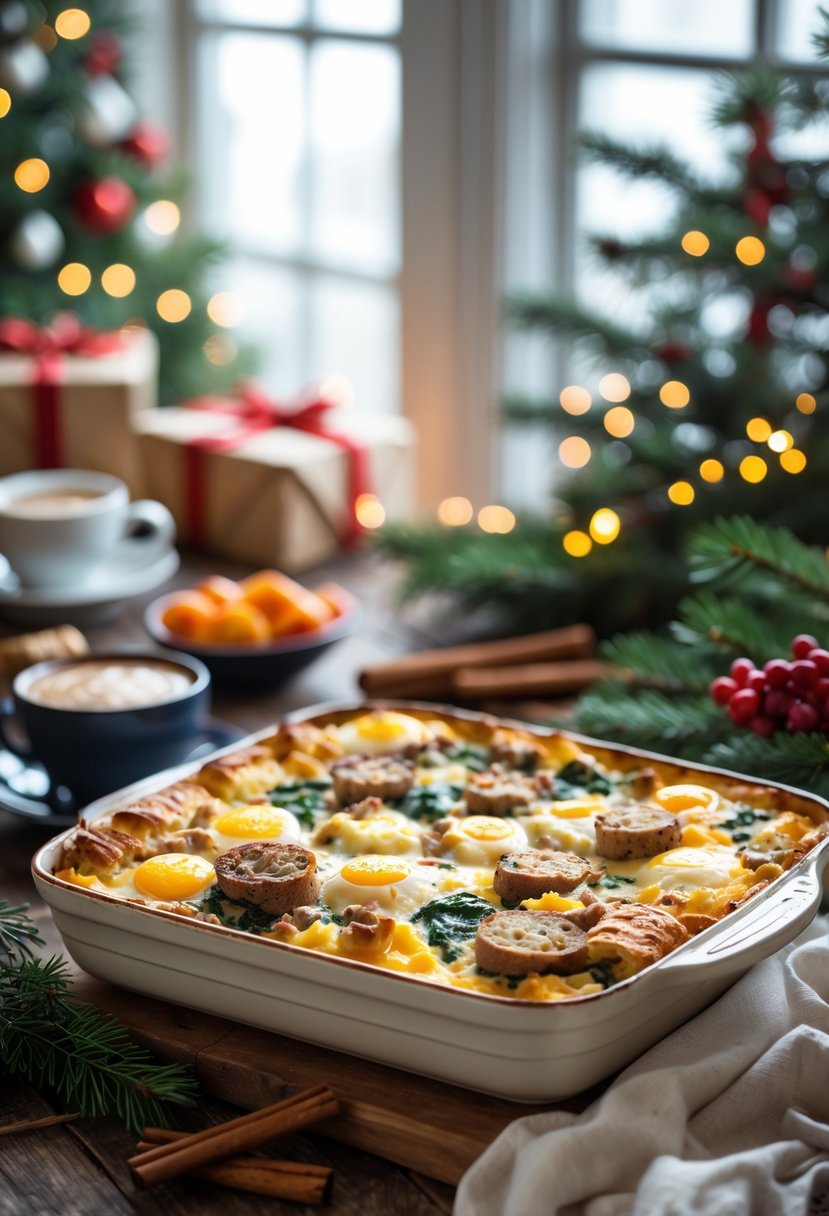 A freshly baked breakfast casserole on a wooden table surrounded by Christmas decorations and a cup of coffee.