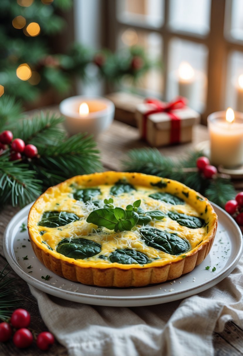 A plate of spinach and cheese frittata on a wooden table with Christmas decorations and soft morning light.