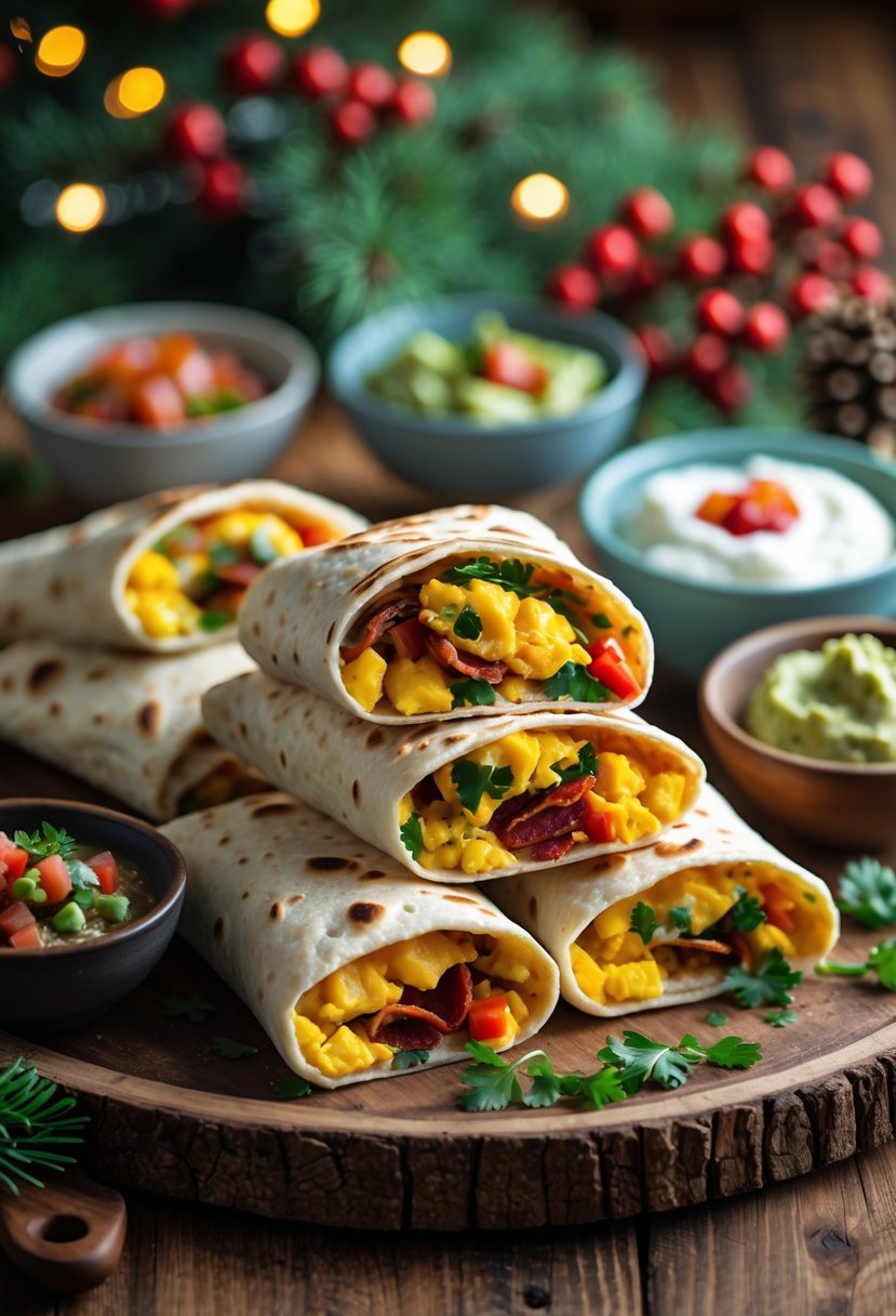 A table with several breakfast burritos surrounded by bowls of salsa, guacamole, and sour cream, decorated with Christmas greenery and warm lighting.