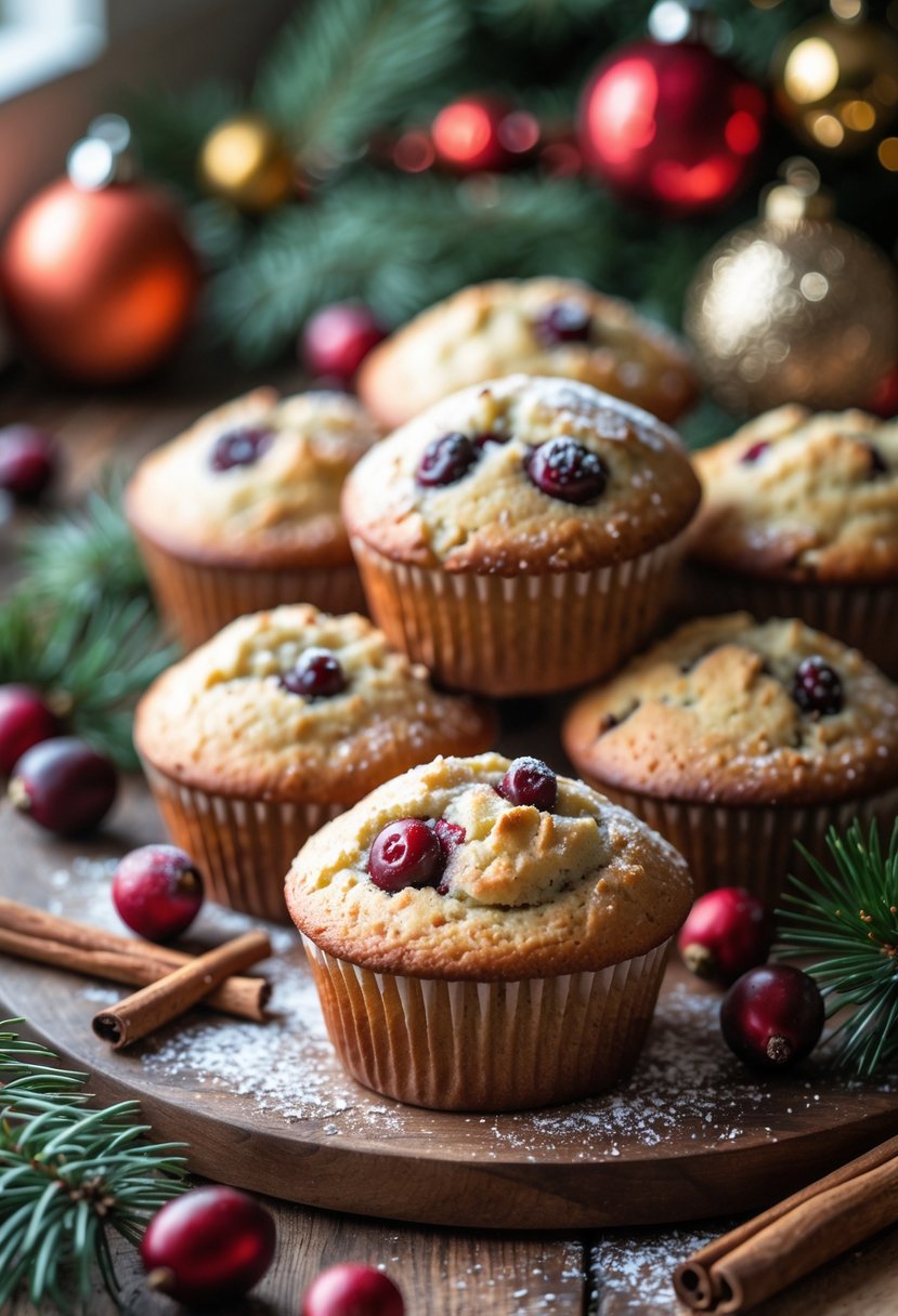 Fresh cranberry muffins on a wooden table surrounded by Christmas decorations and pine branches.